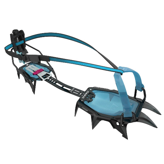Climbing crampon with blue and black design on a white background