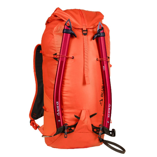 Orange backpack with red poles on a white background