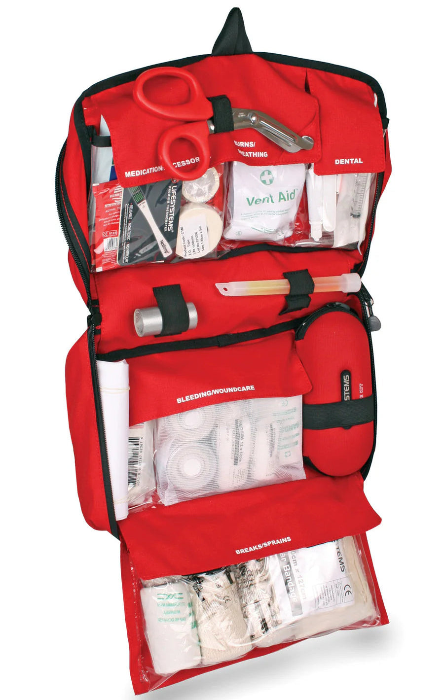 Red medical kit with various supplies on a white background