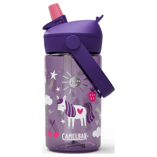 Purple CamelBak water bottle with cartoon zebra design on a white background