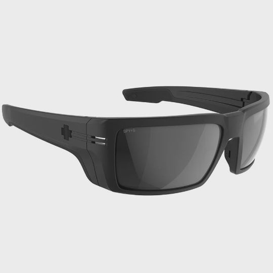 Black sunglasses with a reflective lens on a light gray background