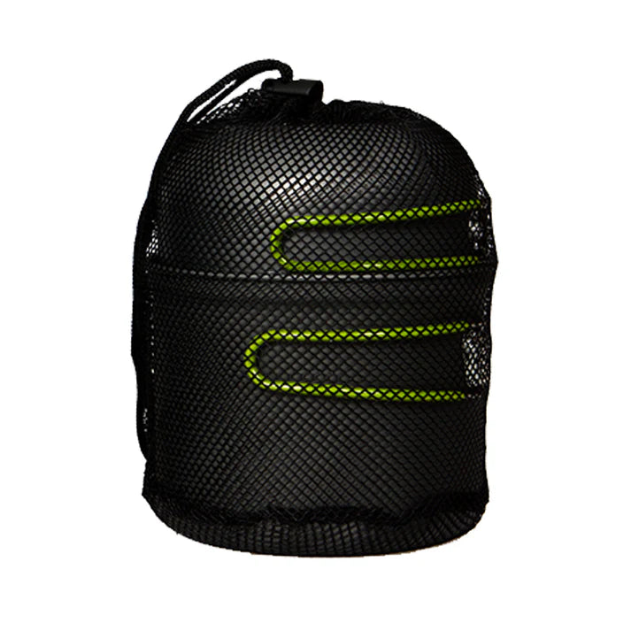 Black mesh drawstring bag holding grey camping cookware