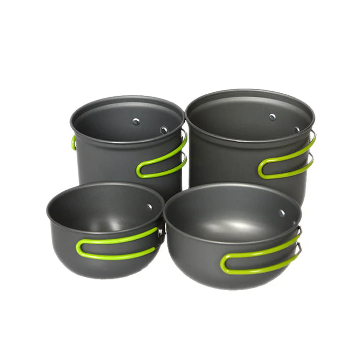 Set of four gray cookware pots with green handles on a white background