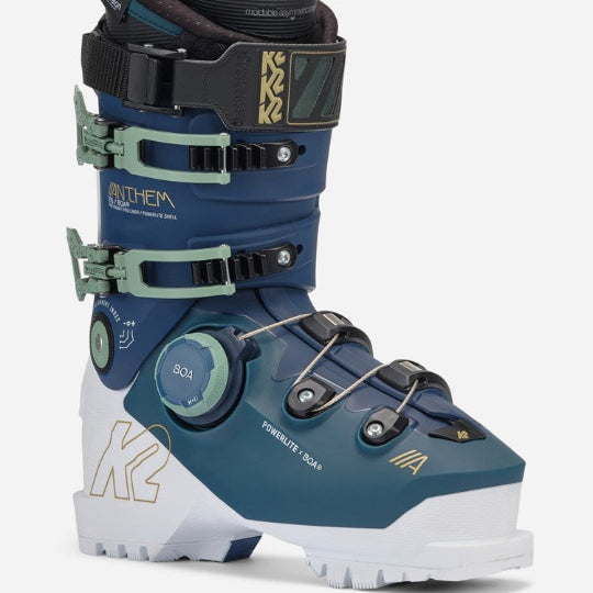 Blue and white ski boot with K2 branding on a white background