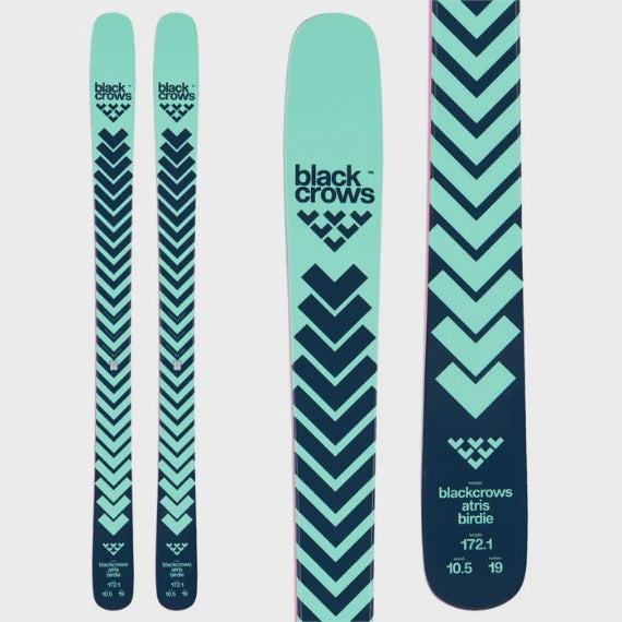 Teal and navy skis with black crow logo on a white background