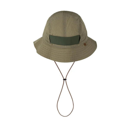 Khaki bucket hat with a strap on a white background