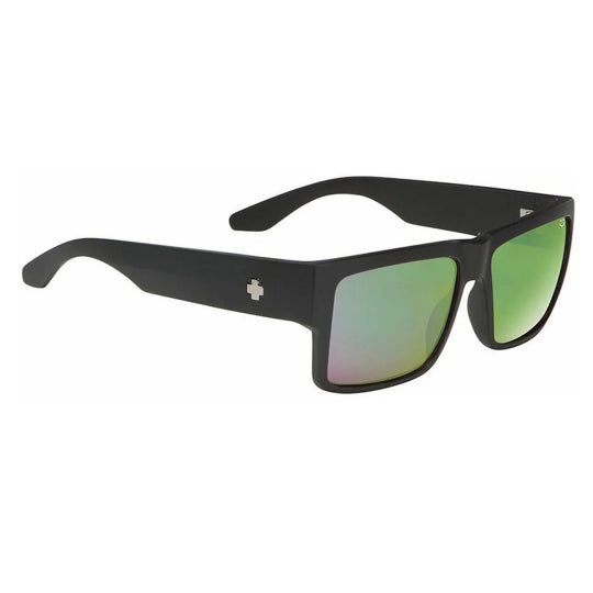 Black sunglasses with green-tinted lenses on a white background