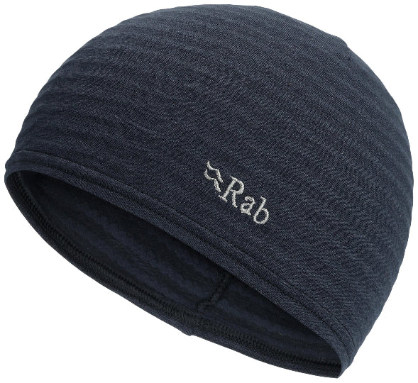 Navy blue beanie with 'Rab' logo on a white background