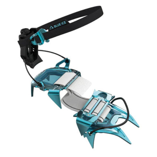 Blue ice climbing device on a white background
