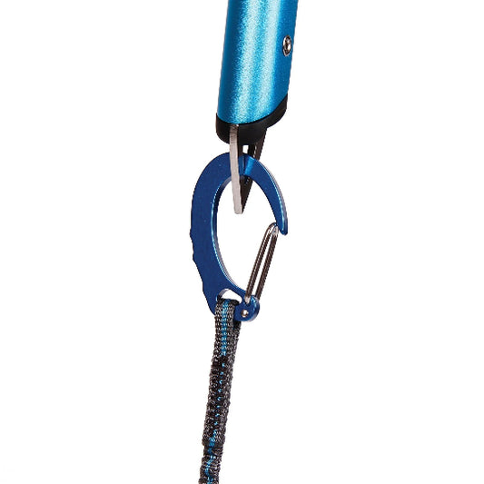 Blue carabiner with a hook on a white background