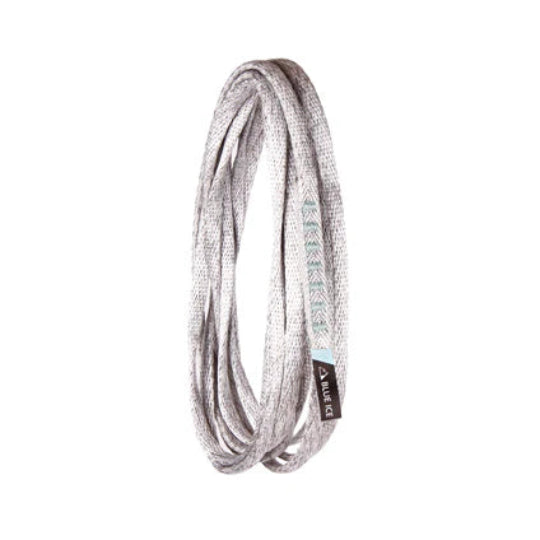 Coiled climbing sling with a brand label on a white background