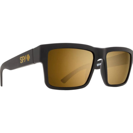 Black sunglasses with gold lenses on a white background