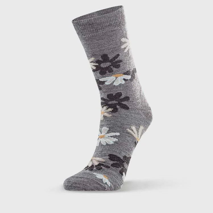 Gray sock with floral pattern on a white background