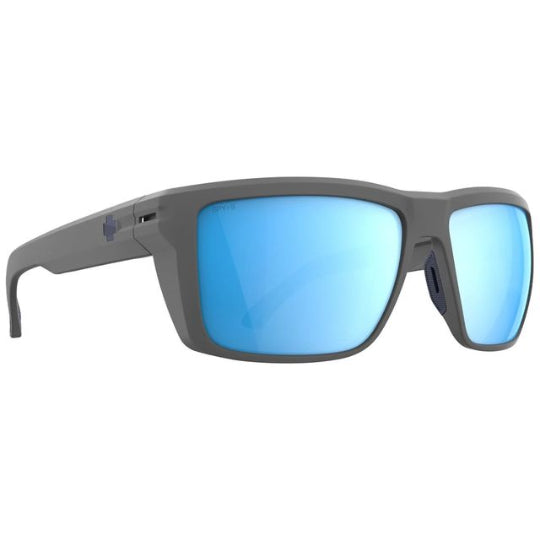 Sunglasses with blue lenses and gray frame on a white background