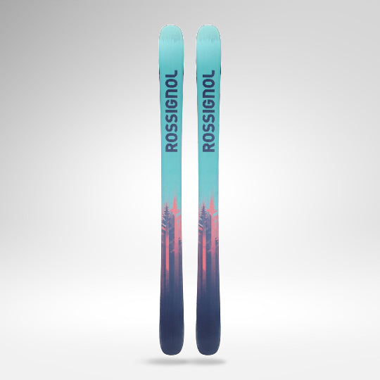 Two Rossignol skis with a gradient design on a gray background
