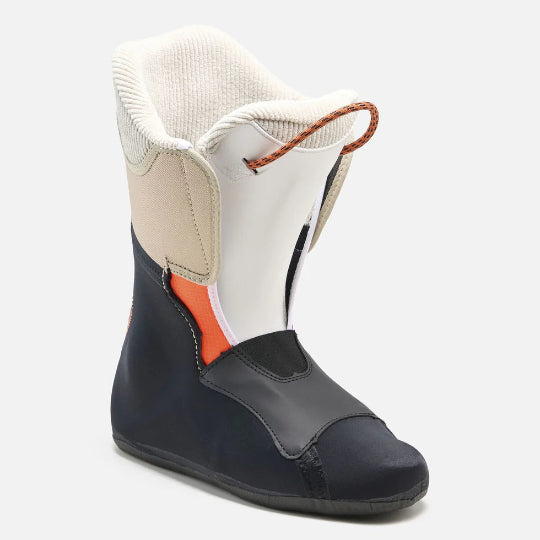 Ski boot liner with white top, orange patch, and black sole on a light gray background
