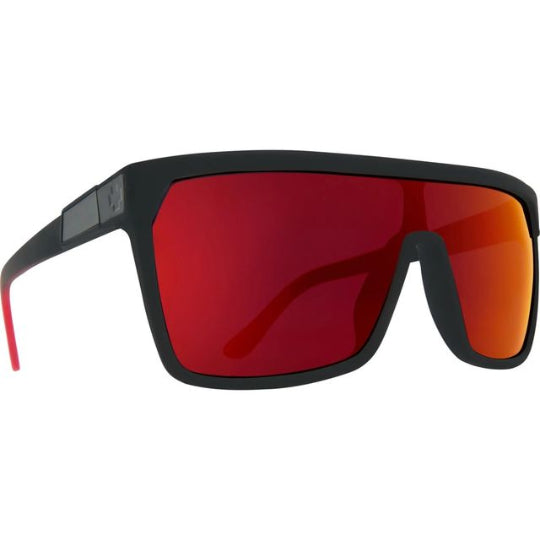 Sunglasses with black frame and red lenses on a white background