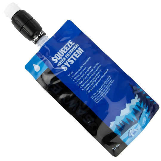 Blue water filtration system packaging with a white nozzle on a white background