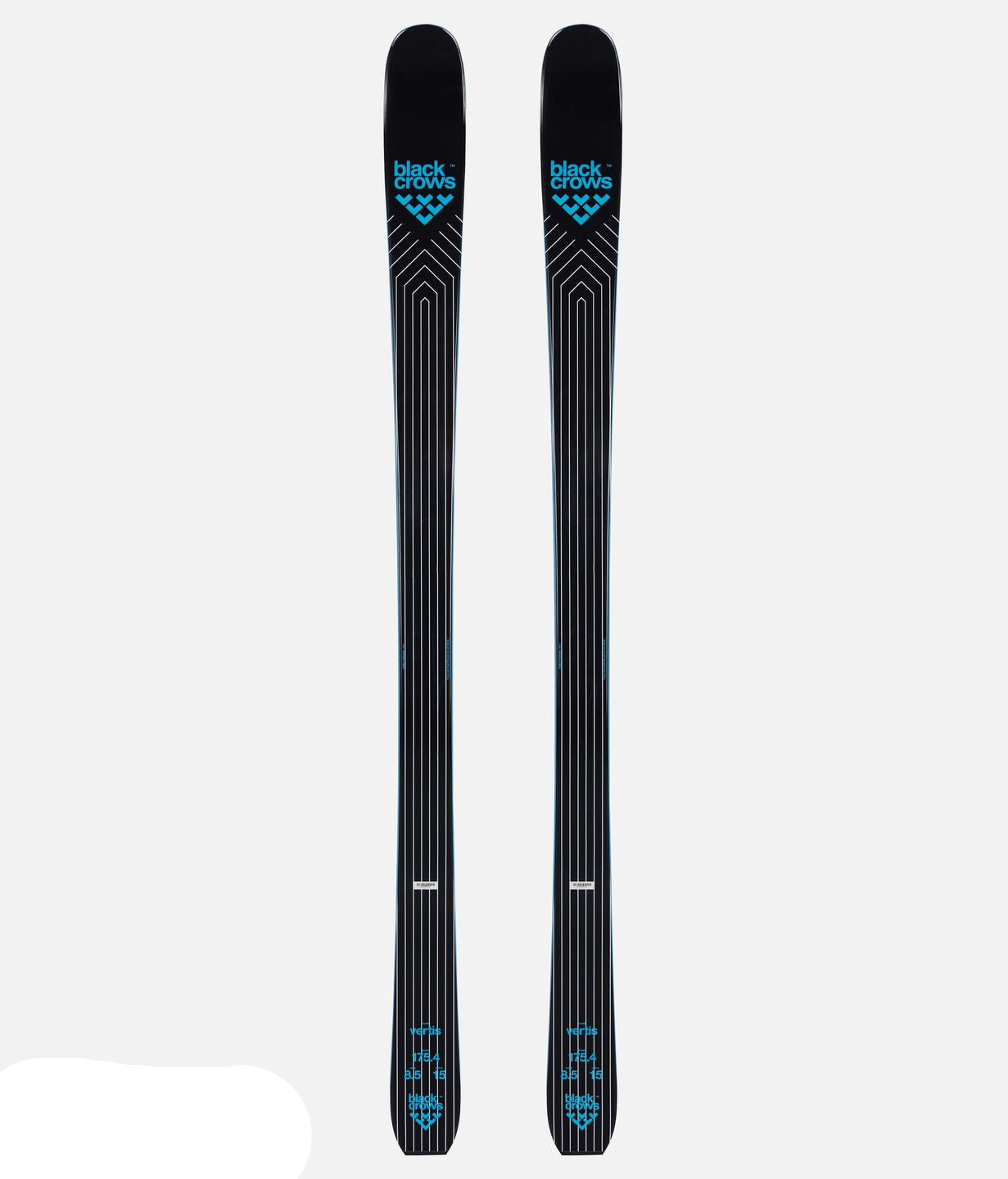 Two black skis with blue branding on a white background