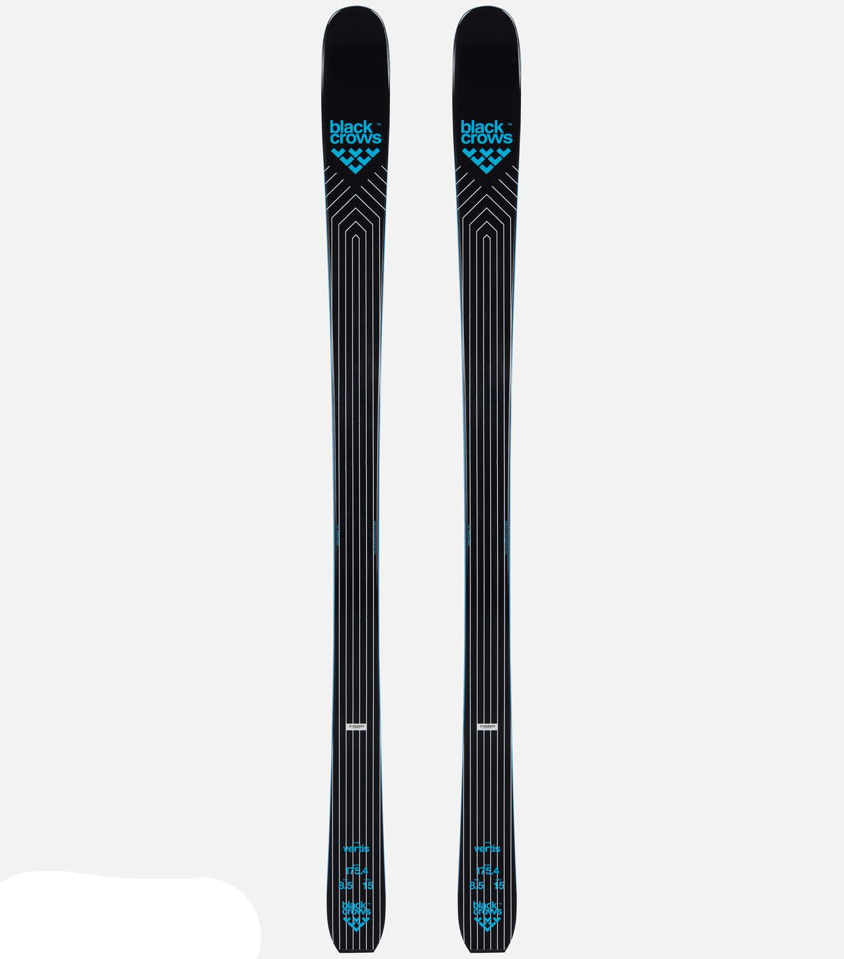 Two black skis with blue branding on a white background