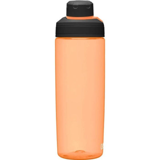 Orange water bottle with black cap on a white background