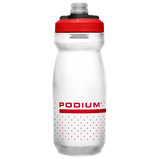 Clear water bottle with red cap and 'PODIUM' branding on a white background