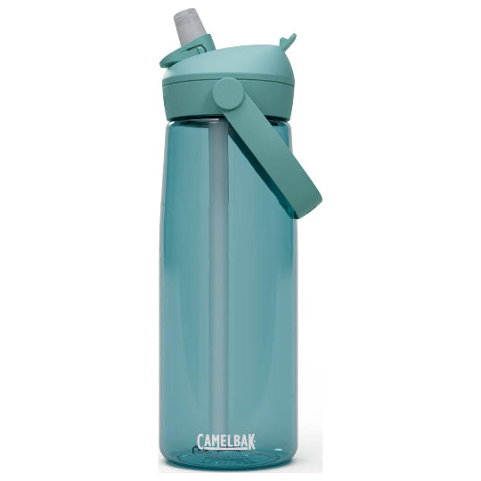 Teal water bottle with a strap on a white background