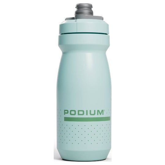Light blue water bottle with 'Podium' branding on a white background