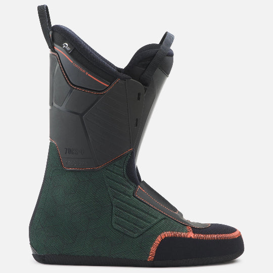 Green and black ski boot liner with orange accents on a white background