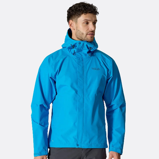 Man wearing a blue rain jacket on a white background