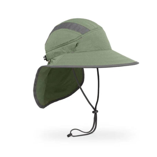 Green outdoor hat with a chin strap on a white background