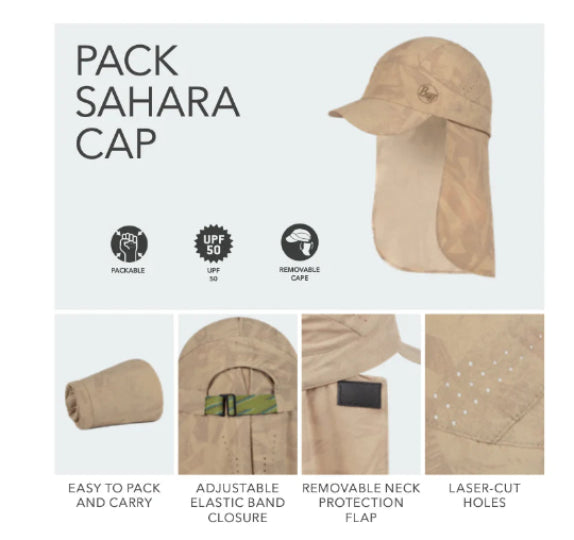 Pack Sahara Cap with features listed on a white background