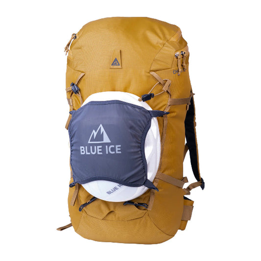 Yellow climbing backpack with Blue Ice logo on a white background
