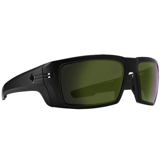 Black sunglasses with green lenses on a white background