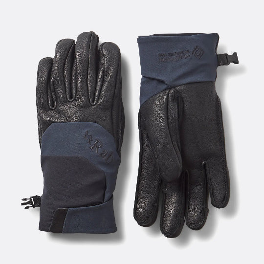 Pair of black gloves with blue accents on a white background