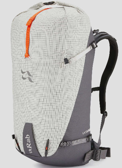 A gray and orange ski mountaineering backpack with a visible brand logo, equipped with a shoulder strap and a top handle.