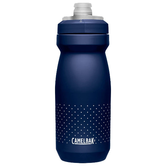 Blue CamelBak water bottle with white cap on a white background