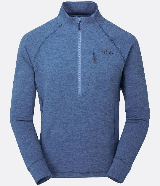 Blue pullover with a brand logo on a light gray background