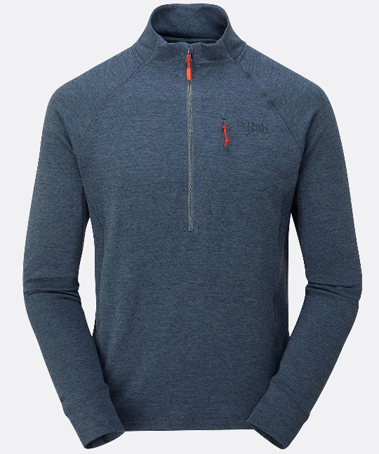 Blue pullover with a red zipper on a light gray background