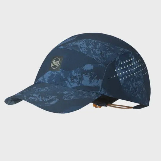 Blue camouflage cap with a brand logo on a light gray background