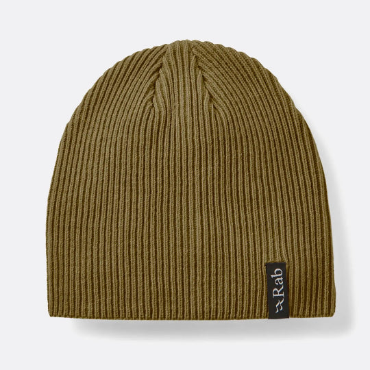 Brown knit beanie with a brand label on a white background
