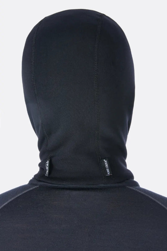 Black hooded garment with brand logos on a light gray background
