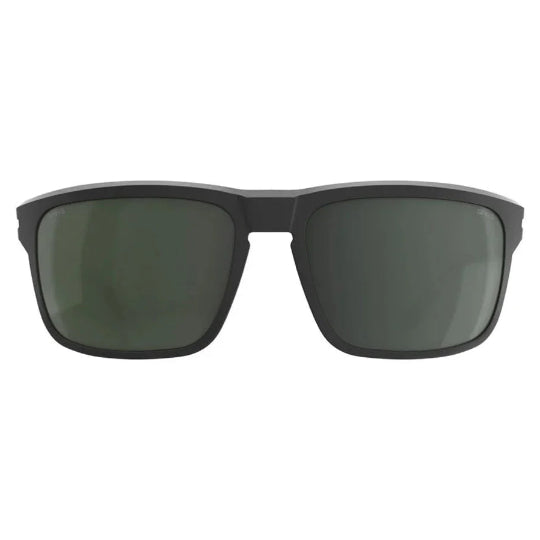 Black sunglasses with dark lenses on a white background