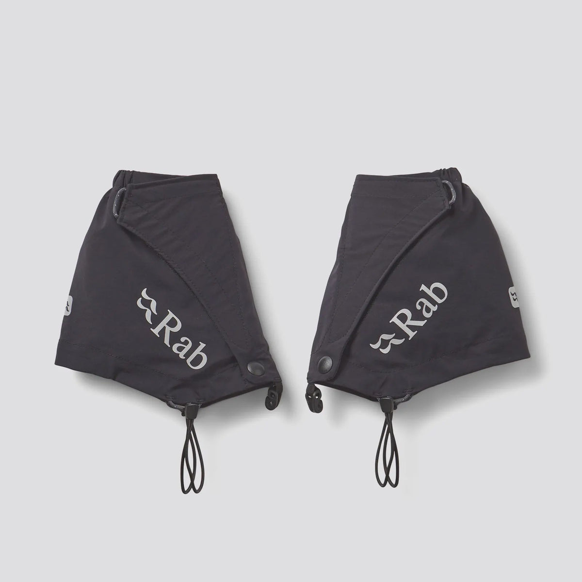 Pair of black gloves with 'Rab' branding on a light gray background