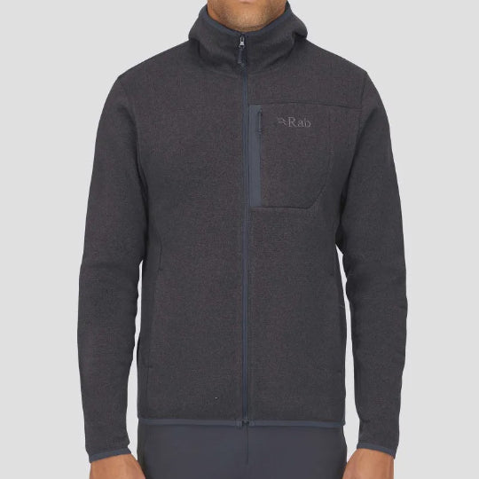 A male model wearing a black full-zip hoody with a standing collar, designed for outdoor activities.