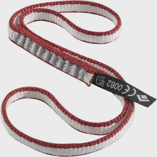 Red and white dyneema sling designed for climbing with a brand tag on a light gray background