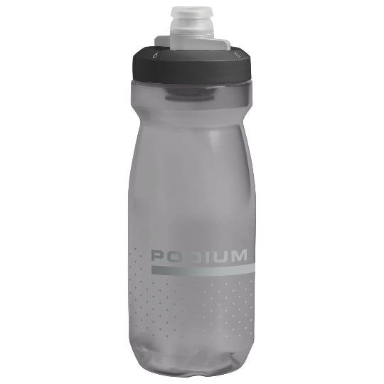 Gray water bottle with black cap on a white background