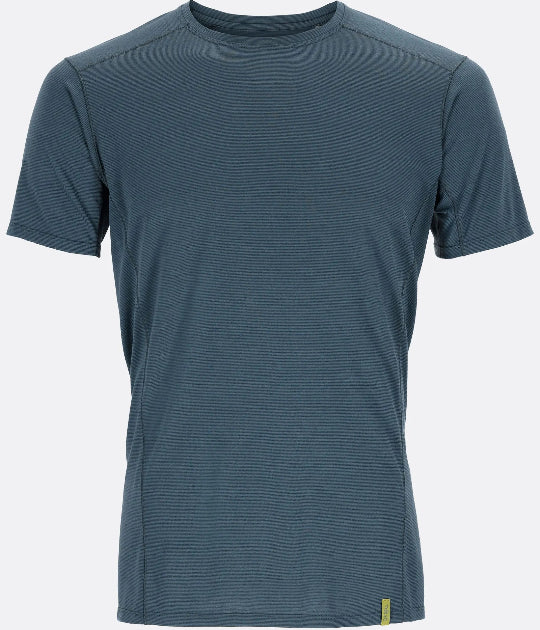Blue t-shirt with a small yellow logo on a white background