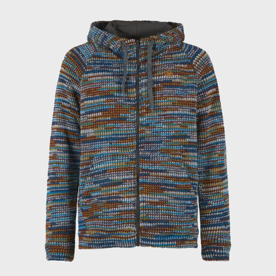 A multicolored knitted hoodie with an adjustable hood and zip, featuring two front pockets and an internal pocket.