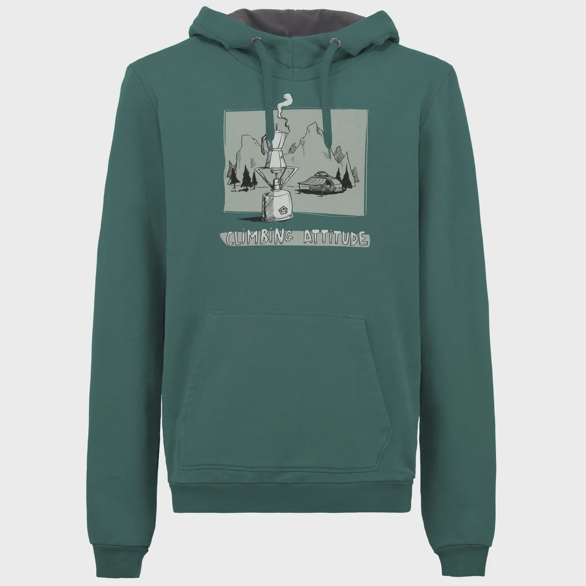 Green hoodie with camp coffee graphic design on a light green background